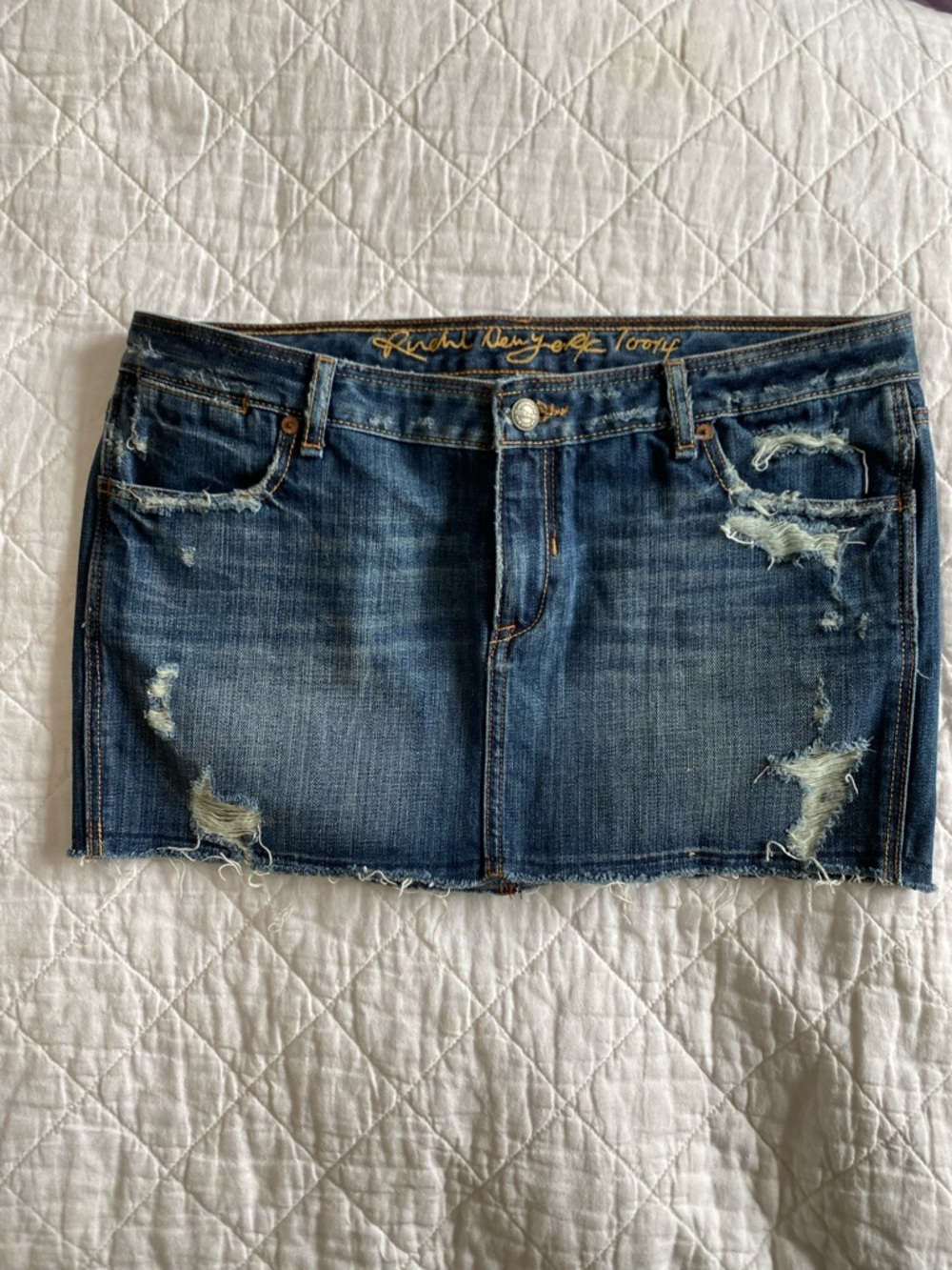 Vintage Y2K Ruehl No.925 Distressed Dark Blue Denim Mini Skirt
